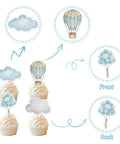 Adventure Awaits Hot Air Balloon Cupcake Toppers 36 Piece Set Blue Clouds Party Picks with whimsical design on cupcakes
