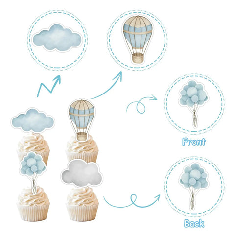 Adventure Awaits Hot Air Balloon Cupcake Toppers 36 Piece Set Blue Clouds Party Picks with whimsical design on cupcakes