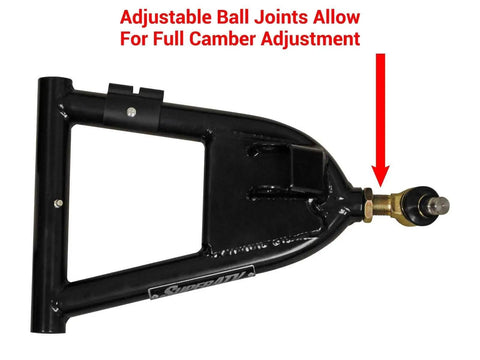1.5 Inch Black Forward Offset Front A Arms For Polaris RZR S 800 2009 2014 Fit Up To 32 Inch Tires And 3 Inch Lift 25 Percent Larger Tubing Than Stock Includes Standard Duty Ball Joints For Strength And Stability. black front A-arm with adjustable ball joint