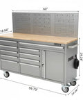 61 Inch Rolling Tool Chest With 10 Drawers And Solid Rubber Wood Top Mobile Workshop Station 1675 Lb Capacity Includes Power Strip Locking System Drawer Liners Built To Take A Beating For Garage Shop And Warehouse Repairs, gray steel chest with wood top and pegboard
