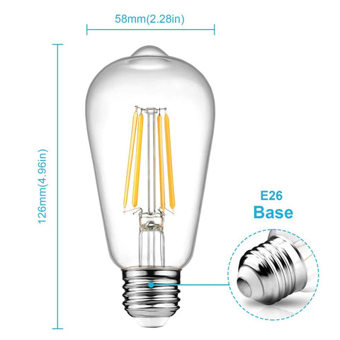 Dimmable Vintage LED Edison Bulbs Pack Of 4, 6W Equal To 60W, 700 Lumens, 2700K Warm White, 80 Plus CRI, ST58 Filament, E26 Base