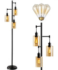Three-Head Industrial Farmhouse Floor Lamp With Amber Glass Shades, vintage rustic tall pole tree lamp for living room