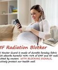 Pregnant woman using phone next to Premium Copper Nickel Polyester Faraday Cage WiFi Router Shield Cover 14x16 Inch Radiation Guard image
