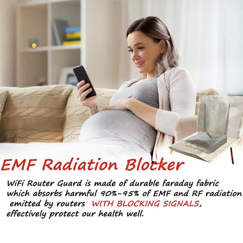 Pregnant woman using phone next to Premium Copper Nickel Polyester Faraday Cage WiFi Router Shield Cover 14x16 Inch Radiation Guard image