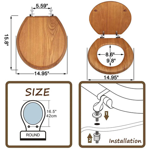 Round Wood Toilet Seat With Durable Chrome Hinges, Natural Oak Veneer Finish, Easy Install shown with dimensions and installation guide