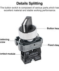 Two Pack Beefy Metal Head Selector Switch 2 Position 1NO 10A 600V Industrial Toggle Switch details; shows button head and contact module.