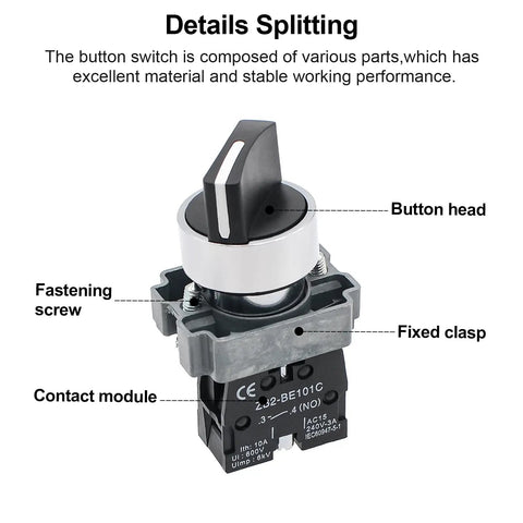 Two Pack Beefy Metal Head Selector Switch 2 Position 1NO 10A 600V Industrial Toggle Switch details; shows button head and contact module.