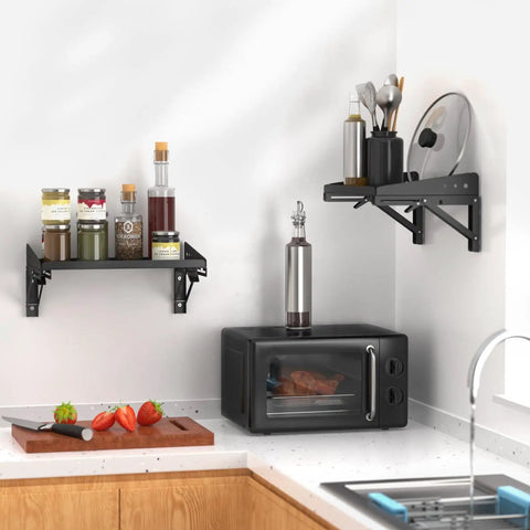 Garage Folding Storage Shelves With Lip Two Pack 200 Pound Capacity Wall Mounted Adjustable Rail Shelves shown with kitchen items