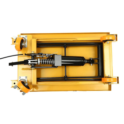 Heavy Duty 500 Lbs Hydraulic Lift Cart With Single Scissor Table Top Lifter And Universal Wheels Plus Rack, top view of hydraulic mechanism.