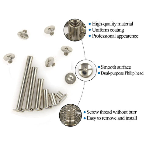 Tough As Nails M5 Chicago Screws 60 Pair Assorted Binding Posts With Phillips Drive, seven screws displayed for scrapbooks and leather gear.