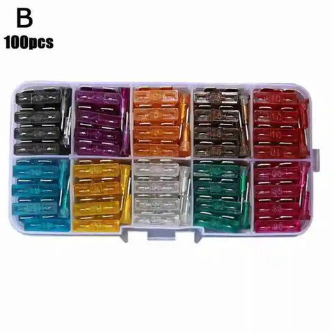 Automotive Fuse Assortment Kit With Box 100 Piece Set for Quick Car Electrical Repairs, multi-colored mini fuses in case
