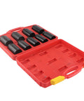 Pro 9 Piece 2 Inch Drive Axle Hub Nut Hex Socket Set That Hits The Spot With 29mm To 38mm Sizes Featuring Drilled Heads For Breaker Bars And Impact Wrenches Perfect For Serious Repair Work. red case with 9 black alloy steel axle hub nut sockets