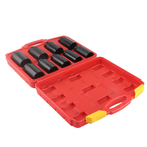 Pro 9 Piece 2 Inch Drive Axle Hub Nut Hex Socket Set That Hits The Spot With 29mm To 38mm Sizes Featuring Drilled Heads For Breaker Bars And Impact Wrenches Perfect For Serious Repair Work. red case with 9 black alloy steel axle hub nut sockets
