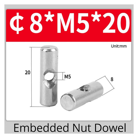 Heavy Duty 304 Stainless Steel Barrel Nut Set For Wood Furniture M4 M5 M6, dimensions M5 x 20mm shown, slotted nuts