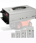 24V 50A Forklift Battery Charger With 50A 120A 175A 350A Anderson Plug, aluminum housing, shown with forklift and connectors