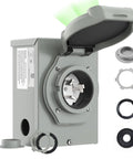 Pre Drilled 50 Amp Generator Inlet Box With Nema Ss2 50P Socket, gray housing, opened lid, showing interior socket and connectors.