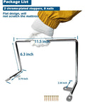 Heavy Duty Chrome Mattress Retainer Bars 2 Pack Solid Metal Bed Frame Grippers package with dimensions and screws laid out.