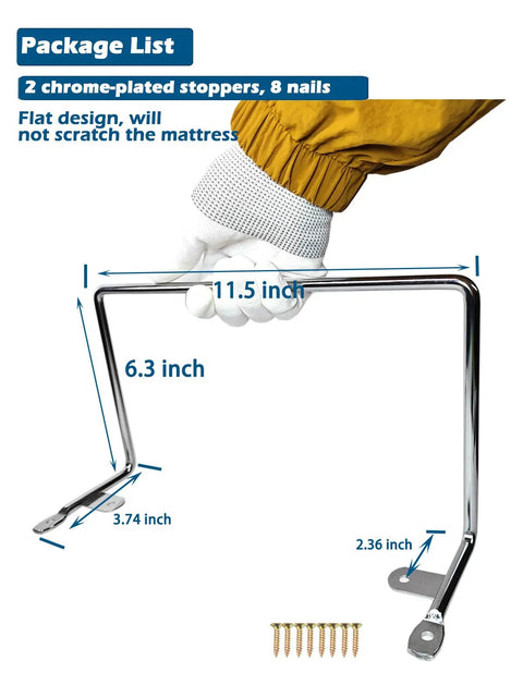 Heavy Duty Chrome Mattress Retainer Bars 2 Pack Solid Metal Bed Frame Grippers package with dimensions and screws laid out.