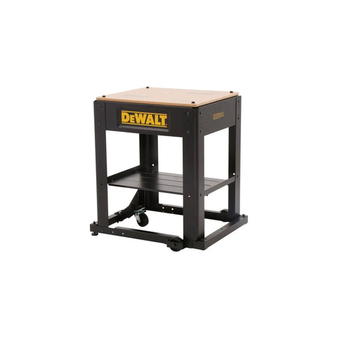 Heavy Duty Planer Stand With Smooth Rolling Mobile Base And Sturdy MDF Table Extra Lower Shelf, black steel frame with casters.