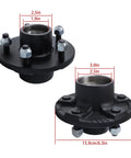 Trailer hub kit, black metal, front view with 5-on-4.75 in bolt pattern and studs; rear view shows bearing bore.