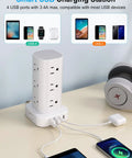 Power Strip Tower With 12 AC Outlets And 4 USB Ports 2 USB C 2 USB A For Home Office Dorm Room Flat Plug Surge Protector 6ft Cord Charging Station 16 In 1 White on desk with devices charging