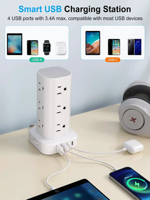 Power Strip Tower With 12 AC Outlets And 4 USB Ports 2 USB C 2 USB A For Home Office Dorm Room Flat Plug Surge Protector 6ft Cord Charging Station 16 In 1 White on desk with devices charging