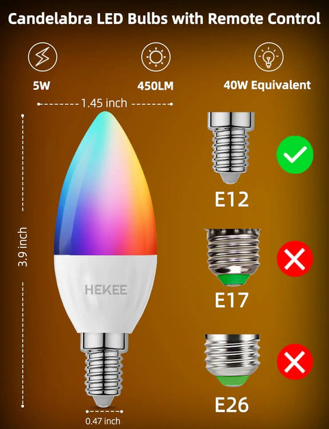 Color Changing E12 LED Bulbs With Remote Plug In 270 Degree Beam RGB Plus 2700K Warm White 450 Lumens 40W Equivalent