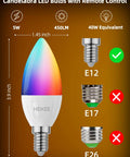 Color Changing LED E12 Candelabra Bulbs With Remote Plug In 120V RGB Plus 2700K Warm White 40W Equiv 450 Lumens size chart