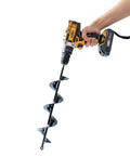 VASGOR four-piece garden auger drill bit set for 3/8-inch hex drive, side view showing long steel planting augers