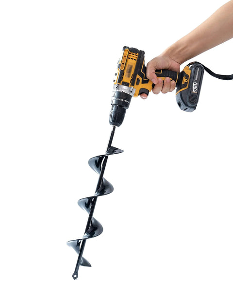 VASGOR four-piece garden auger drill bit set for 3/8-inch hex drive, side view showing long steel planting augers