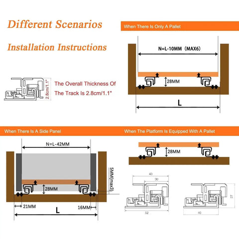 Installation instructions for Undermount Drawer Slides Beefy Heavy Duty Soft Close Full Extension Ball Bearing Rails diagrams.
