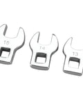 Three crowfoot wrenches, sizes 13, 14, 15 mm, from Eight Piece Long Handle Serpentine Belt Tool Kit Pro Grade For Spring Loaded Idler Pulleys