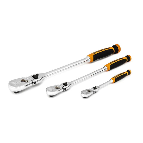 Workhorse Three Piece Inch Drive Ratchet Set With One Quarter Inch, Three Eighths Inch And One Half Inch Drives, 90 Tooth Dual Material Locking Flex Head, Low Profile Teardrop Head, On And Off Switch, Nine Locked Positions shown in different sizes