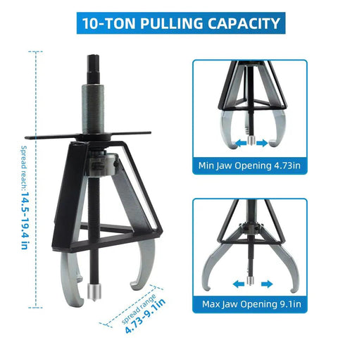 Heavy Duty 3 Jaw Gear Puller Set 10 Ton Capacity Steel Jaw Removal Tool For Gears Pulleys Flywheels And Bearings with adjustable jaw openings.