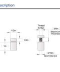 Technical drawing of 20 Pack Stainless Steel Standoff Screws for acrylic signs, dimensions 1/2 inch diameter and 1 inch length.