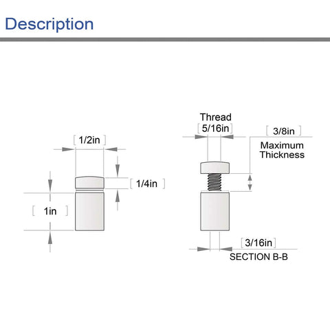 Technical drawing of 20 Pack Stainless Steel Standoff Screws for acrylic signs, dimensions 1/2 inch diameter and 1 inch length.