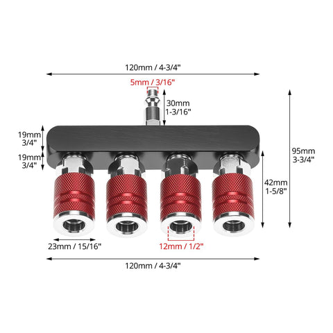 Four Way Straight Air Manifold With Five Ports And One Quarter NPT Inlets Aluminum Line Type Splitter With red couplers
