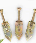 Self Drilling Drywall Anchors 100 Pieces Gold Hollow Wall Screw Kit For Metal Easy Tool Free Mounting No Mess Quick Installation For Rentals And Diy Projects Delivers Strong Holds In Gypsum Board And Plaster Walls, showing three gold anchors against a white background.