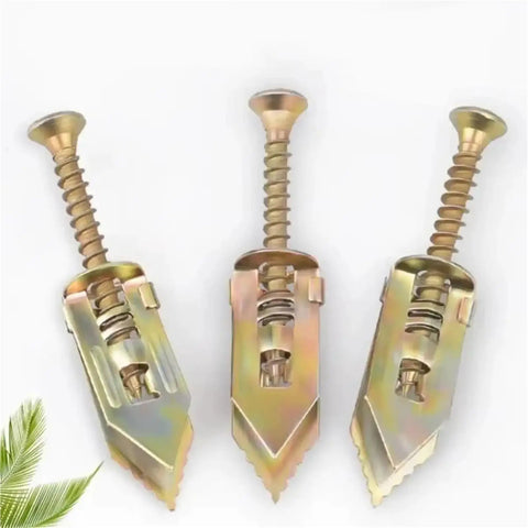 Self Drilling Drywall Anchors 100 Pieces Gold Hollow Wall Screw Kit For Metal Easy Tool Free Mounting No Mess Quick Installation For Rentals And Diy Projects Delivers Strong Holds In Gypsum Board And Plaster Walls, showing three gold anchors against a white background.