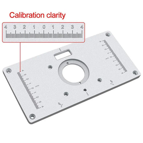Pro Level Woodworking Router Table Insert Plate With Quick Flip Panel And Heavy Duty Drill Chuck Trim Tool Kit, showing precise calibration markings.