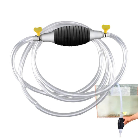 Heavy Duty Liquid Sucker Hand Pump With Large Bore Ball Valves And High Flow Hoses For Super Efficient Fluid Transfer From Tanks To Cars Or Jugs Without Any Filter Issues, featuring large bore hose and yellow valve.