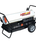 Heavy Duty Kero Forced Air Heater Dropping Fire Heat 140K 180K BTU, black and white design with wheels and controls visible.