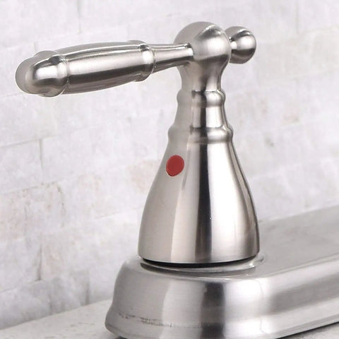 Close-up of handle on Brushed Nickel Kitchen Faucet With Side Sprayer And High Arc Two Handle Design For 3 Or 4 Hole Sinks