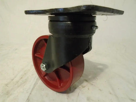 Heavy Duty 6 Inch Swivel Caster Drop Forged Kingpinless Rig Ductile Steel Wheel Handles 2000 Pound Loads side view showing black and red design