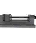 Heavy Duty Six Inch Iron Cast Drill Press Vise Featuring Precision Guide Rods and Rock Solid Hardened Steel Jaws for Slip Free Workpiece Clamping with Slick Threaded Rod Adjustment on Shop Benches, side view.