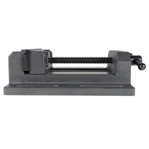 Heavy Duty Six Inch Iron Cast Drill Press Vise Featuring Precision Guide Rods and Rock Solid Hardened Steel Jaws for Slip Free Workpiece Clamping with Slick Threaded Rod Adjustment on Shop Benches, side view.