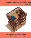 Realistic Medieval Rowhouse DIY Wood Building Kit with modular, liftable blocks, detailed interior for teens and adults.