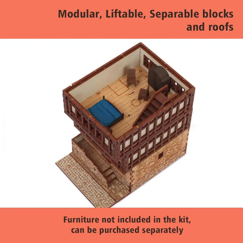 Realistic Medieval Rowhouse DIY Wood Building Kit with modular, liftable blocks, detailed interior for teens and adults.