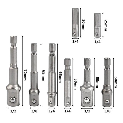 Heavy Duty 8 Piece Impact Adapter Set Built To Last For 1/4 Inch 3/8 Inch 1/2 Inch Hex Shank Square Nut Drill Extension Bit Set Made From Heat Treated Chrome Vanadium Steel With Secure Ball Bearing Heads displayed horizontally with size labels.