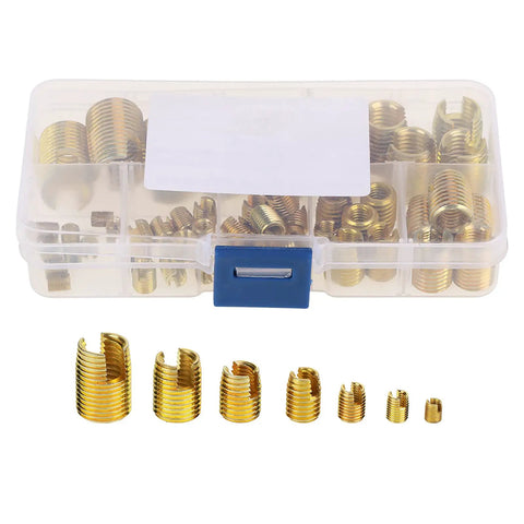 Heavy Duty Self Threaded Inserts Kit For Metal Plastic Wood 50 Pcs Thread Repair Set With Quick Install Tapping Tools Slotted Design For Fast Fixes And Strong Hold In Damaged Threads. assorted brass inserts in storage case
